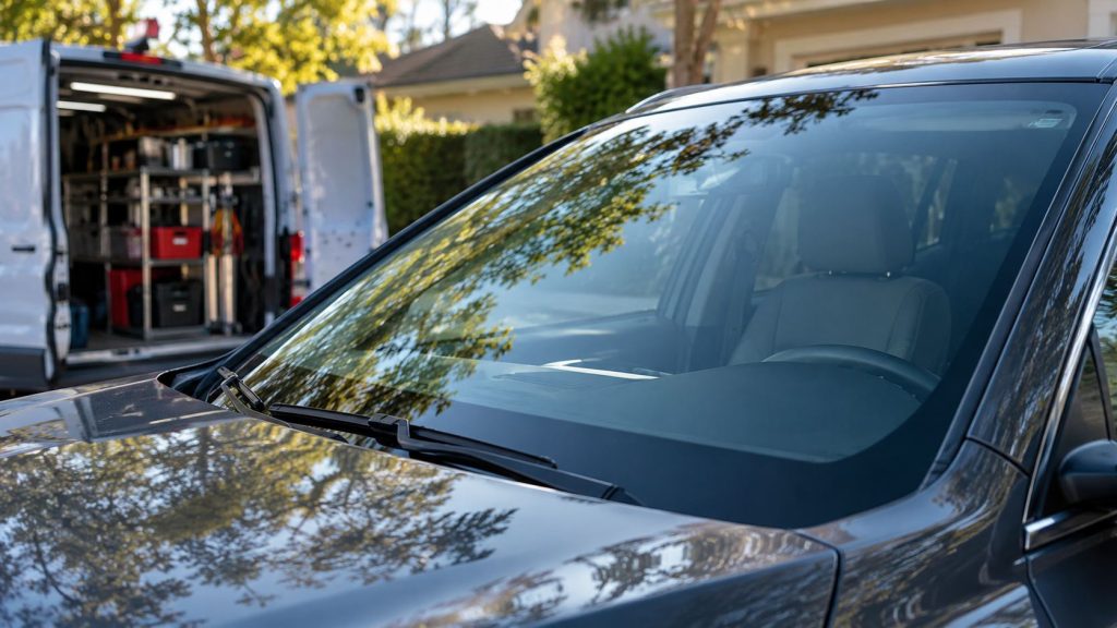 Freshly installed windshield close-up with open service van